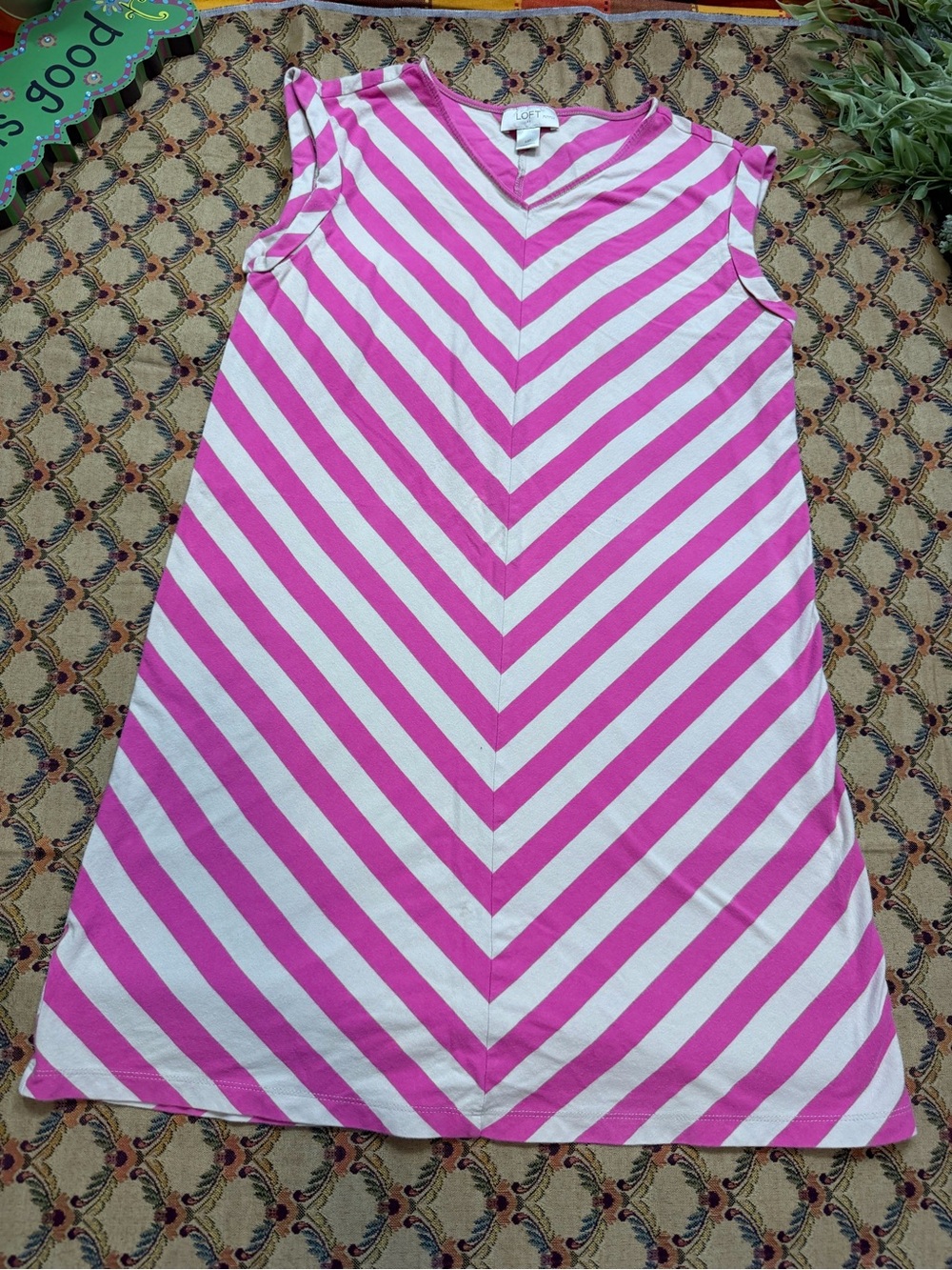 LOFT Pink and White Chevron Stripe Sleeveless A-Line Dress